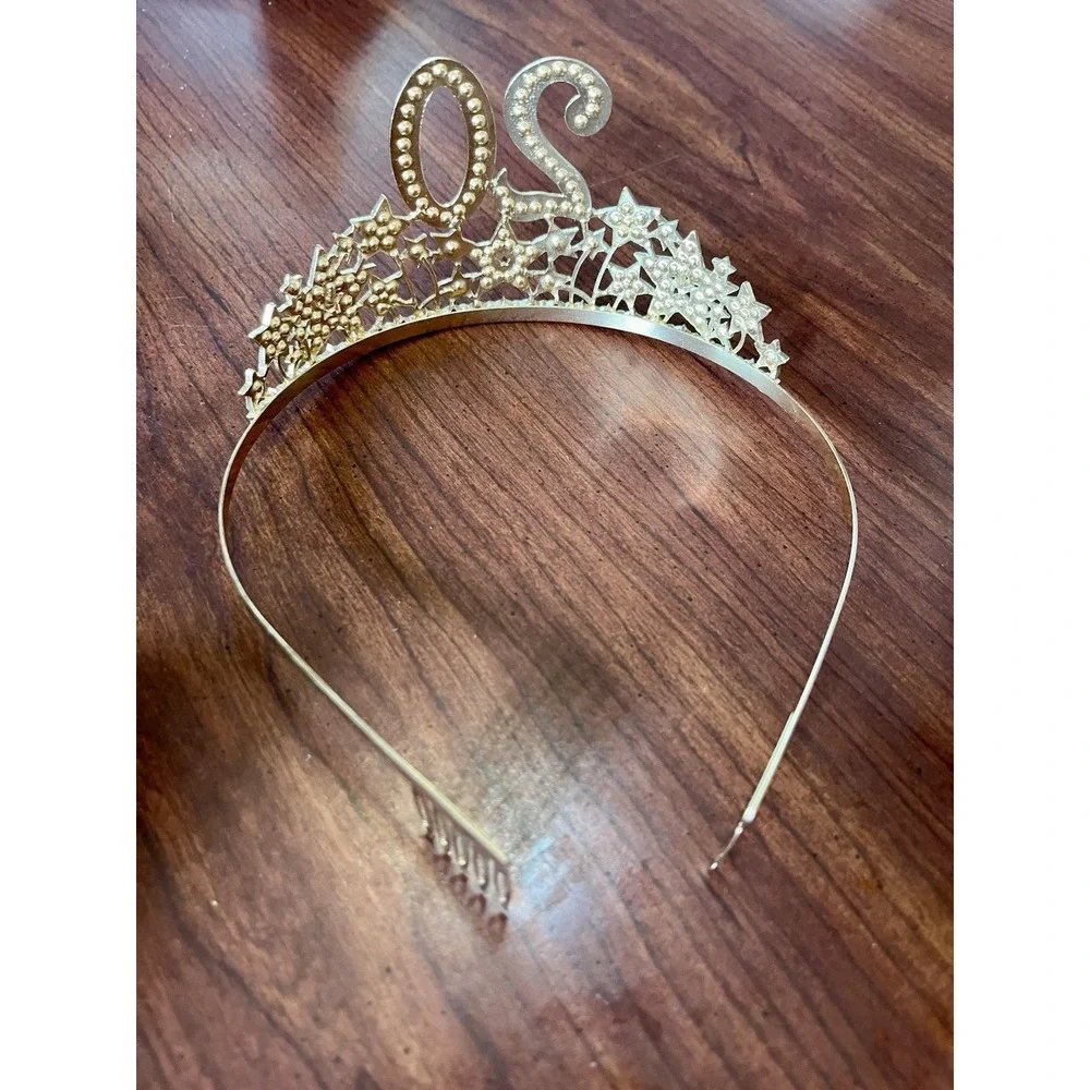 20 Year Birthday Work Anniversary Celebrate‎ Crown Gold Tone Rhinestone & Stars